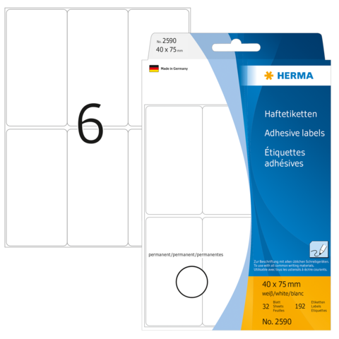 Haftetiketten in weiß, 40 x 75 mm, 32 Stück, verpackt in einer transparenten Hülle. Enthält die Nummer 6 auf einem Etikett.