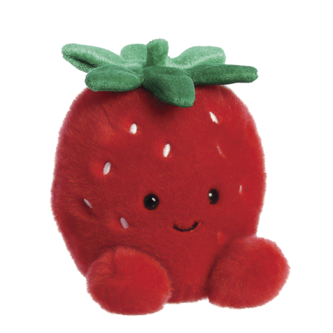 Kuschelige Erdbeere mit grünen Blättern und einem lächelnden Gesicht, sitzt auf einem weichen Untergrund.