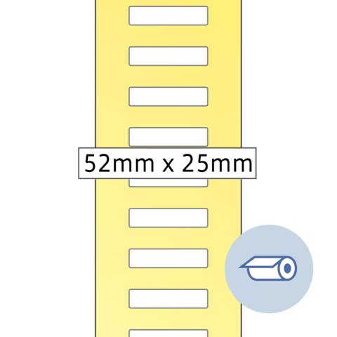 Maßstab mit den Abmessungen 52 mm x 25 mm, auf gelbem Hintergrund mit mehreren horizontalen Linien.