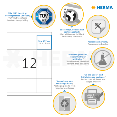 Etikettenblatt mit 12 Etiketten, Größe 70 x 67,7 mm. Informationen zu Druckqualität, Haftung und Recyclingfähigkeit sind enthalten.