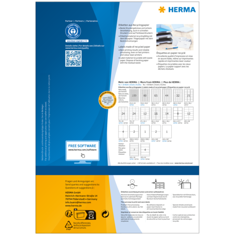 Etikettenblatt von HERMA mit Informationen zu Recycling und Softwareangebot. Enthält verschiedene Etikettenformate und Anleitungen.