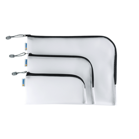 Drei weiße Reißverschlusstaschen in verschiedenen Größen, mit schwarzem Rand und grauen Zippern. Ideal für die Aufbewahrung von Kleinigkeiten.