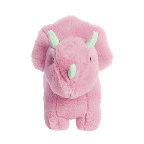 Ein rosa Plüsch-Triceratops mit mintgrünen Hörnern und einem freundlichen Gesichtsausdruck.