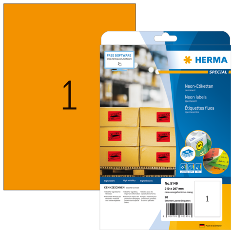 Neon-Etiketten in orange, 210 x 297 mm, Packung mit 20 Stück, geeignet für Beschriftungen und Kennzeichnungen.