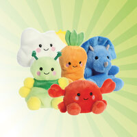 Grüner Strahlenhintergrund mit verschiedenen Palm Pals Kuscheltieren von Aurora." 

(Note: The original text is already in German and does not require translation. It is clear and fluent as it stands.)