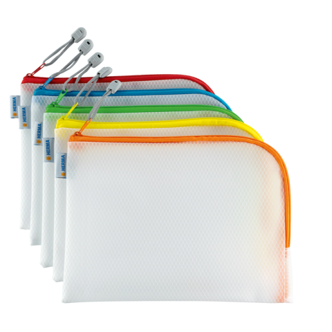 Bunte Reißverschlusstaschen in verschiedenen Farben, angeordnet von links nach rechts, mit transparentem Material und farbigen Reißverschlüssen.