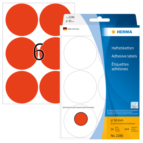 Runde, rote Haftetiketten in einer Verpackung. Enthält 24 Etiketten mit einem Durchmesser von 50 mm.
