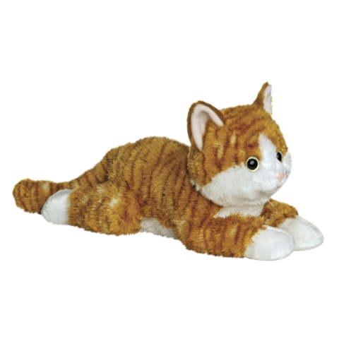 Ein plüschiger, liegender Kater mit orangefarbenem Fell und weißen Akzenten, der eine entspannte Pose einnimmt.