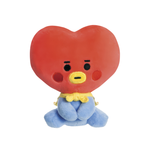 Ein rotes Herz-Kuscheltier mit einem gelben Schal und blauen Beinen, das aufrecht sitzt und einen neutralen Gesichtsausdruck hat.