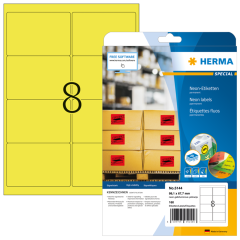 Neon-Etiketten auf einem Bogen mit sechs Etiketten pro Reihe, verpackt in einer transparenten Hülle.