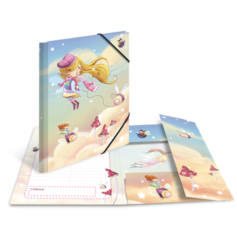 Ein Notizbuch mit einem Mädchen, das in den Wolken schwebt, umgeben von fliegenden Insekten und bunten Pilzen.