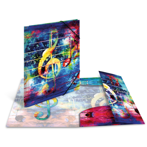 Bunte Ordner mit Notenschlüssel-Design, die auf einem Tisch liegen. Die Vorderseite zeigt lebendige Farben und musikalische Motive.