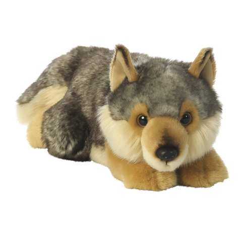 Plüschwolf mit grauem und beigem Fell, liegend mit großen, runden Augen und aufmerksamen Ohren.