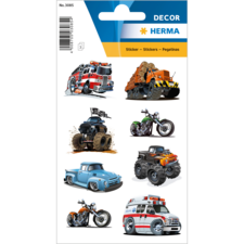 Aufkleber mit verschiedenen Fahrzeugen, darunter ein Feuerwehrwagen, ein Traktor, ein Motorrad, ein Oldtimer und ein Krankenwagen.