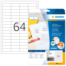 Korrektur- und Abdecketiketten von Herma, Packung mit 64 Etiketten, inklusive Softwarehinweis.