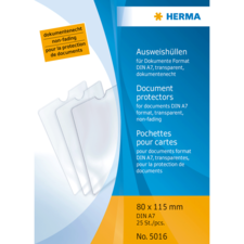 Dokumentenschutzhüllen für DIN A7, transparent und dokumentenecht, 25 Stück, 80 x 115 mm, von der Marke Herma.