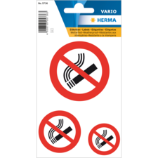 Drei Rauchverbot-Symbole in rotem Kreis auf einem Etikettenblatt, mit dem Hinweis auf Wetterfestigkeit.