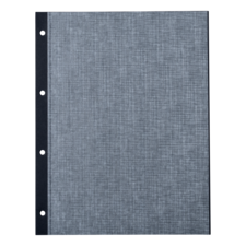 Graues Ringbuch mit strukturiertem Cover und mehreren Löchern auf der linken Seite für die Ablage von Blättern.