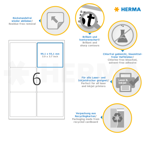 Produktinformationen zu HERMA Etiketten: Maße 99,1 x 93,1 mm, chlorfrei, für Laser- und Inkjetdrucker geeignet, aus recyceltem Karton.