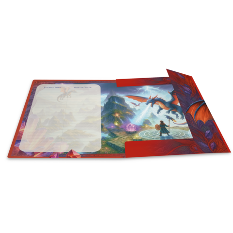 Ein offenes Notizbuch mit einer beeindruckenden Landschaft, einem Drachen und einem Reisenden. Die linke Seite ist leer für eigene Notizen.