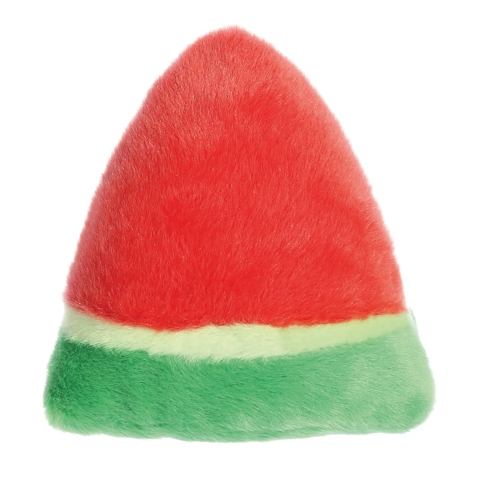 Kuschelkissen in Form eines Stücks Wassermelone mit rotem Oberteil und grünem Boden.