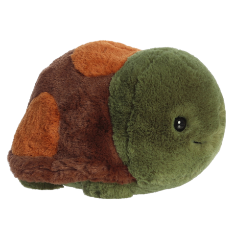 Plüschschildkröte mit grünem Kopf und braunem Panzer, der orangefarbene Flecken hat.