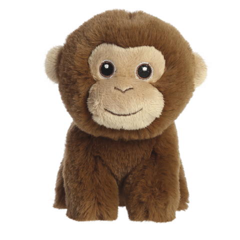 Plüschaffe mit runden Augen und einem freundlichen Gesichtsausdruck, sitzt aufrecht und hat ein braunes, weiches Fell.