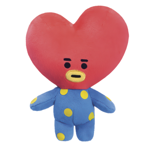 Ein Plüschspielzeug mit einem herzförmigen Kopf in Rot und einem blauen Körper mit gelben Punkten.