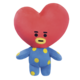 Ein Plüschspielzeug mit einem herzförmigen Kopf in Rot und einem blauen Körper mit gelben Punkten.