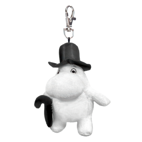Plüschfigur eines Mumin mit einem schwarzen Hut und einem Regenschirm, befestigt an einem Schlüsselring.
