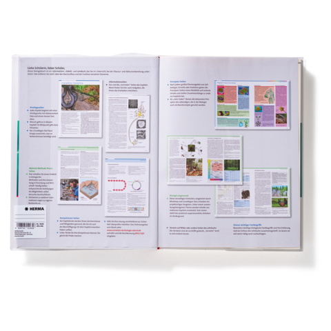 Offene Buchseiten mit Text und Diagrammen zu verschiedenen Themen, darunter Natur und Biologie, sowie Illustrationen und Tabellen.