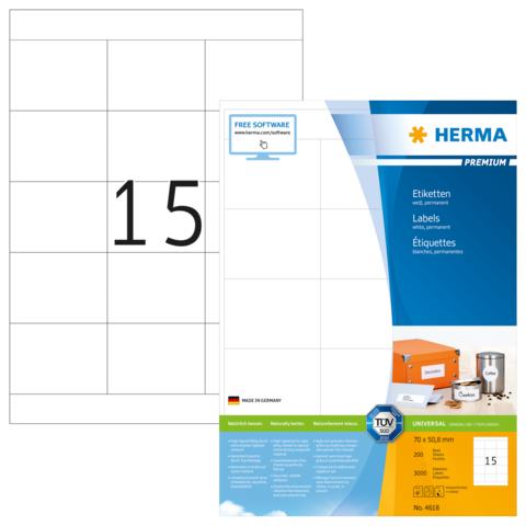 Etikettenblatt mit der Nummer 15, das die Verwendung von HERMA-Etiketten zeigt, einschließlich Produktinformationen und Anweisungen.