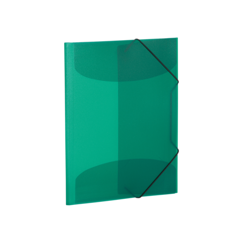 Transparente grüne Mappe mit schwarzem Gummiband zur Sicherung von Dokumenten.