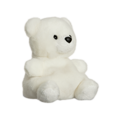 Weißer Plüschbär mit runden Ohren und schwarzen Augen, sitzt aufrecht mit einem neutralen Ausdruck.