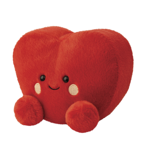 Rotes, herzförmiges Plüschtier mit einem lächelnden Gesicht und zwei kleinen, runden Füßen.