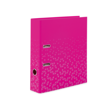 Ein pinker Ordner mit einem geometrischen Muster, der zwei Öffnungen für Kabel und einen Anschluss auf der Vorderseite hat.