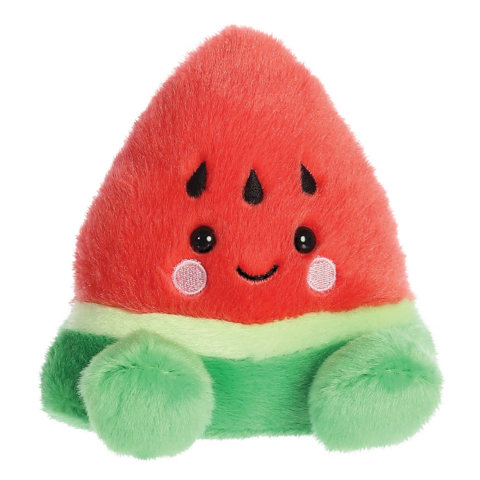 Kuscheliges Wassermelonen-Plüschtier in Form eines Dreiecks mit einem lächelnden Gesicht und grünen Details.