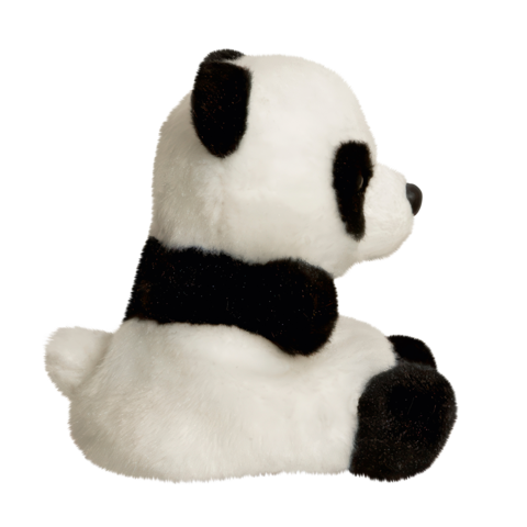 Plüschpanda in seitlicher Ansicht, mit den typischen schwarz-weißen Farben und einer runden Form.