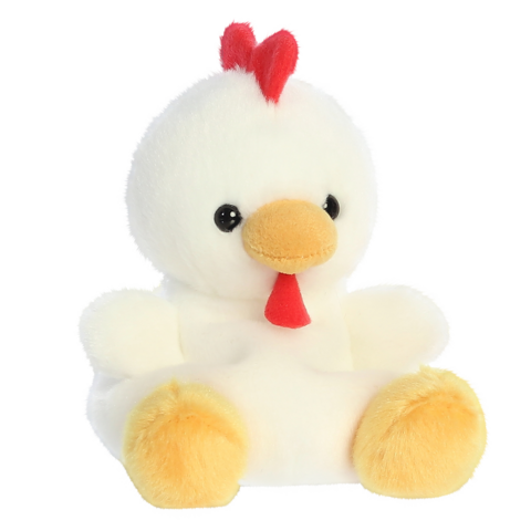 Plüschhuhn mit rotem Kamm und gelbem Schnabel, sitzt aufrecht mit runden, gelben Füßen.