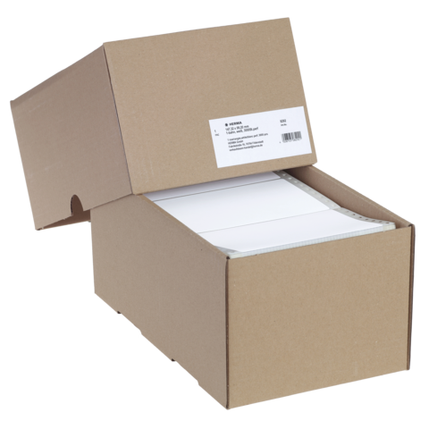 Braune Kartonbox mit geöffnetem Deckel, gefüllt mit weißen Blättern. Ein Etikett auf der Vorderseite zeigt Produktinformationen.