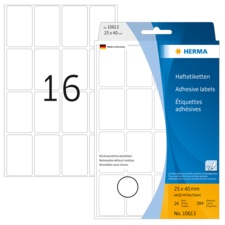 Haftetiketten von HERMA, 25 Stück, 25 x 40 mm, weiß, mit der Nummer 16 auf einem Etikett. Verpackung zeigt Produktdetails.