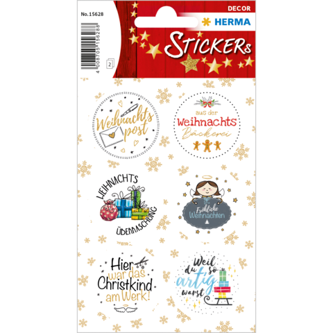 Weihnachtsaufkleber mit verschiedenen Motiven und Sprüchen, darunter Geschenke, Weihnachtskind und festliche Grüße.