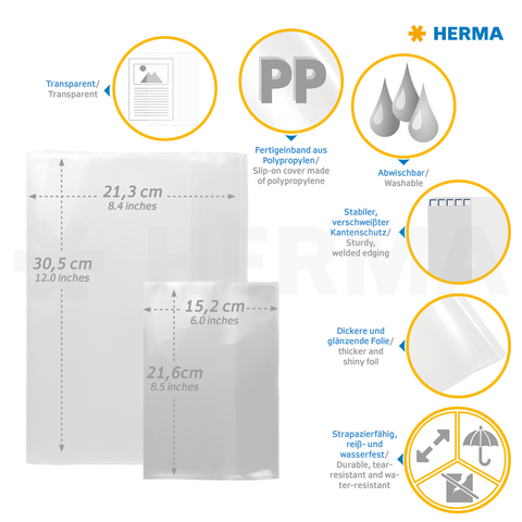 Transparente Polypropylen-Hüllen in verschiedenen Größen, abwaschbar und robust, mit stabilen Kanten und wasserfestem Material.