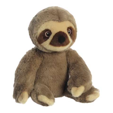 Plüschfaultier mit großen Augen und einem freundlichen Gesicht, sitzt mit ausgestreckten Armen und Beinen.