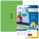 Grüne Etikettenpackung mit der Aufschrift "1" und Informationen zu farbigen Etiketten von HERMA, einschließlich Softwarehinweis.