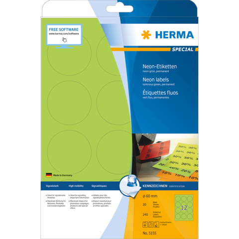 Neon-Etiketten in verschiedenen Farben, verpackt auf einer Blisterkarte. Enthält 240 Etiketten mit einem Durchmesser von 60 mm.