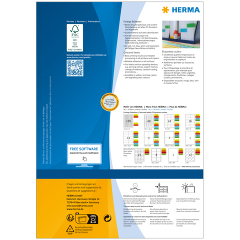 Produktinformation von HERMA, einschließlich QR-Code, Softwarehinweis und Farbcodierung für Etiketten. Grafiken und Anleitungen sind ebenfalls enthalten.