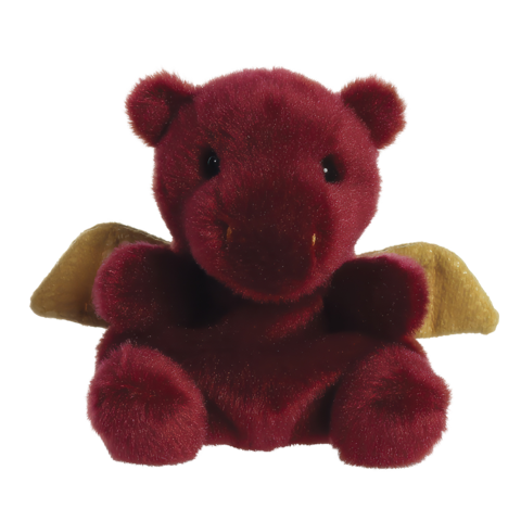 Roter Plüschdrache mit kleinen Flügeln und einem freundlichen Gesicht, sitzt aufrecht.