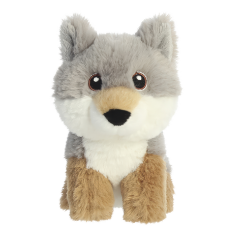 Plüschwolf mit grauem Fell, großen Augen und einem freundlichen Gesichtsausdruck, sitzt aufrecht.