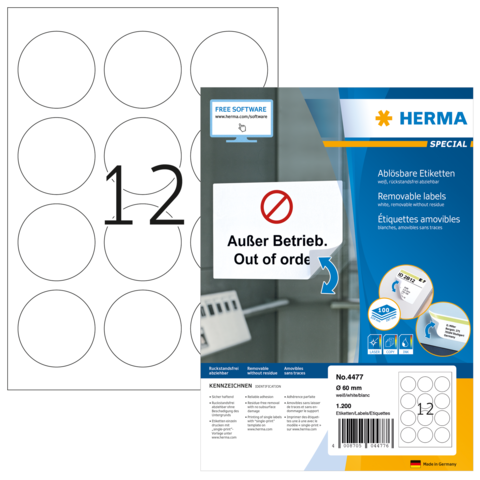 Blatt mit ablösbaren Etiketten, auf dem ein Etikett mit der Aufschrift „Außer Betrieb. Out of order“ und der Nummer 12 zu sehen ist.